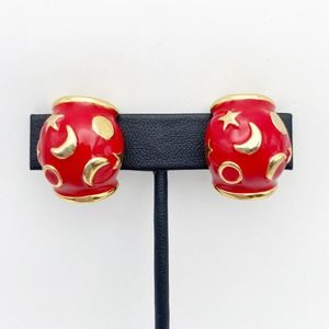 Vintage Red Enamel Gold Tone Clip On Earrings Moon Stars Celestial 3-D Heavy 1"